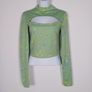 Bershka Size S Cropped Sweater Lime Green Blue Swirl Cut-out Pre-owned
